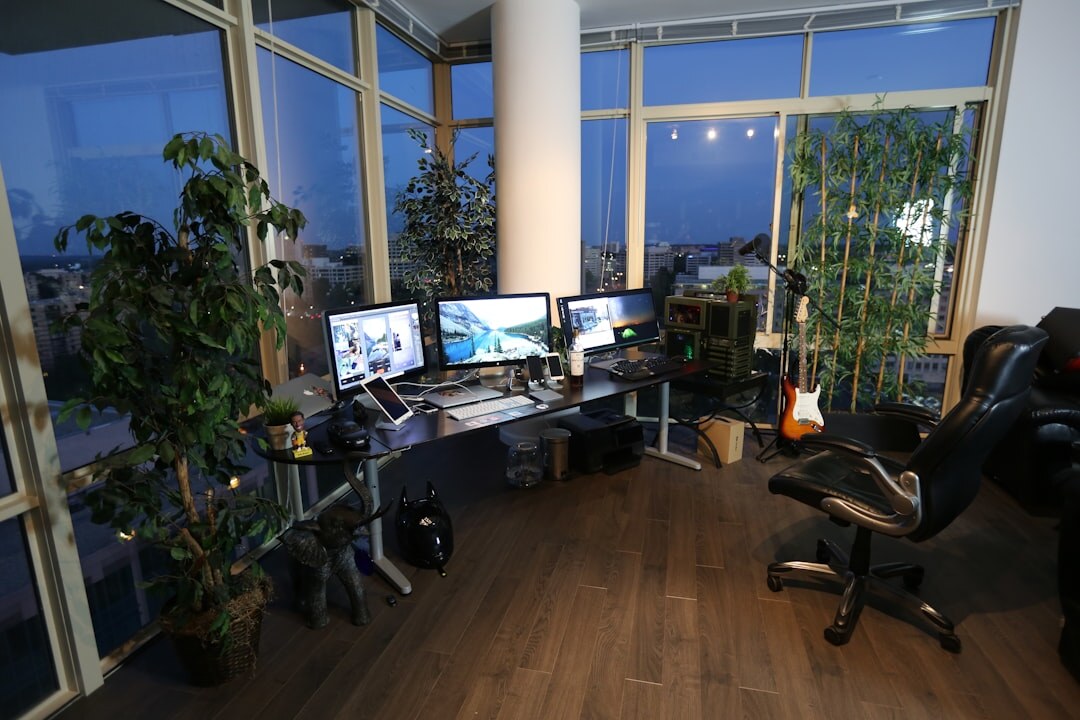 Modern broadcast technology company office with professional equipment